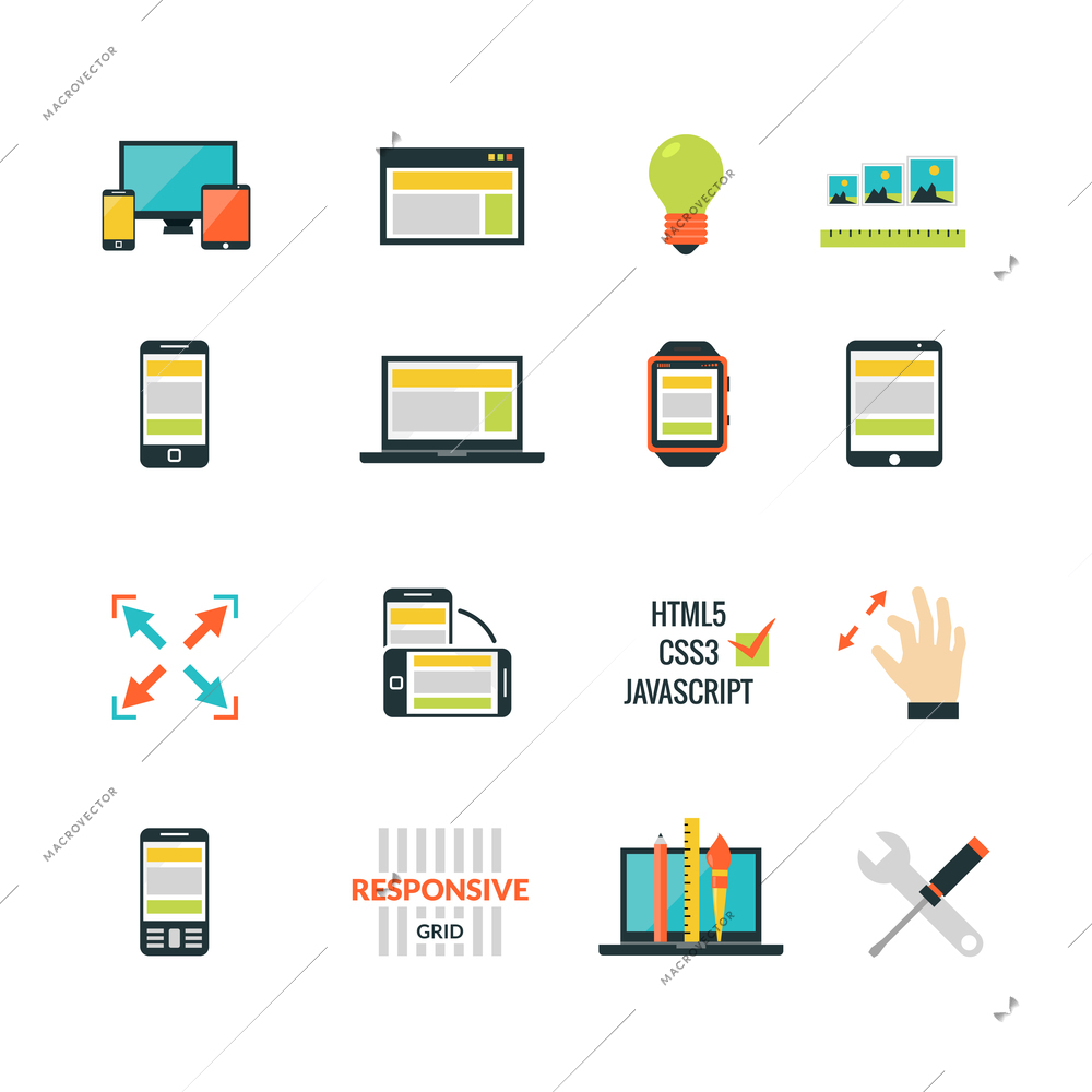 Adaptive responsive web design flat icons set isolated vector illustration