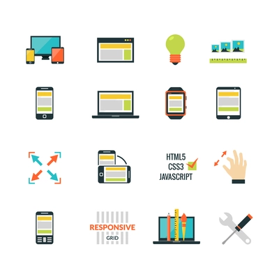 Adaptive responsive web design flat icons set isolated vector illustration