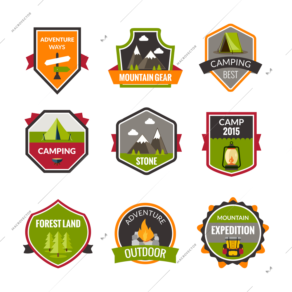 Tourist mountain expedition and camping label set isolated vector illustration