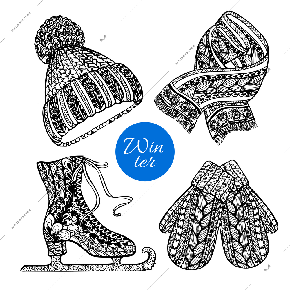Winter knitted  fashion accessories pictograms of hat mittens and scarf black doodle style abstract vector isolated illustration