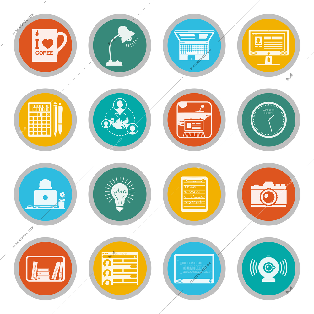 Freelance icons flat set with work from home elements isolated vector illustration