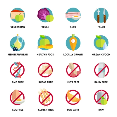 Flat color diets icons set  with inscriptions   isolated vector illustration