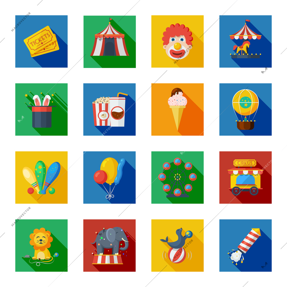 Circus and fairground icons flat long shadow set isolated vector illustration