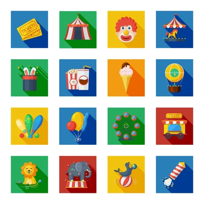 Circus and fairground icons flat long shadow set isolated vector illustration