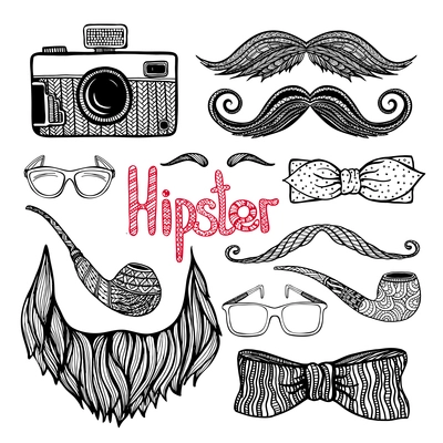 Hipster hairstyle  beard moustaches and trendy fashion accessories doodle style black icons collection abstract vector isolated illustration