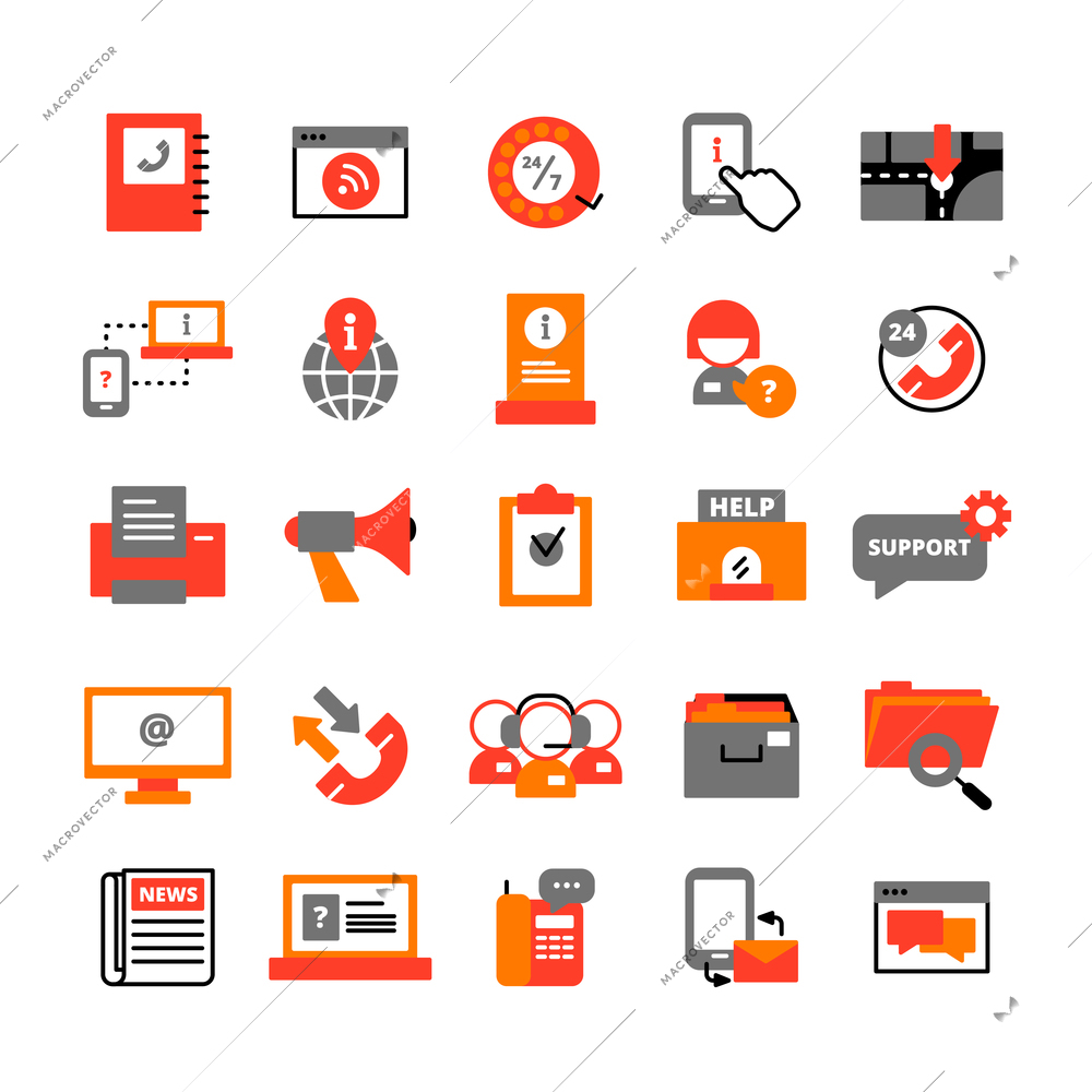 Support center icons set with assistance and help symbols flat isolated vector illustration