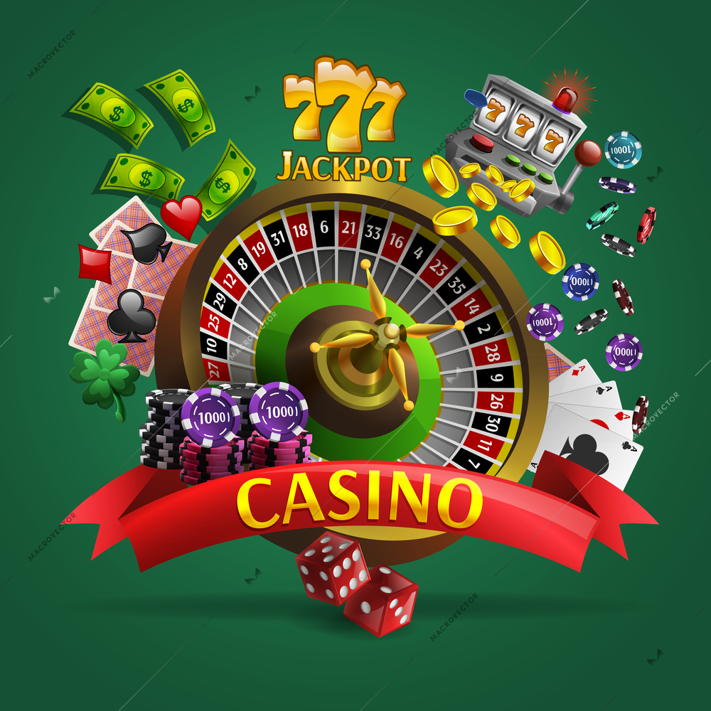 Casino poster with roulette in center and cards dice money  coins chips around it cartoon vector illustration