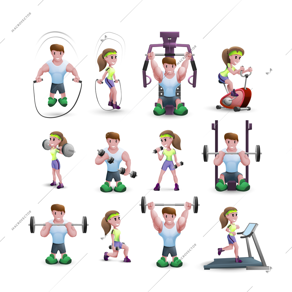 Cartoon icons set of men and women training with different fitness equipments isolated vector illustration