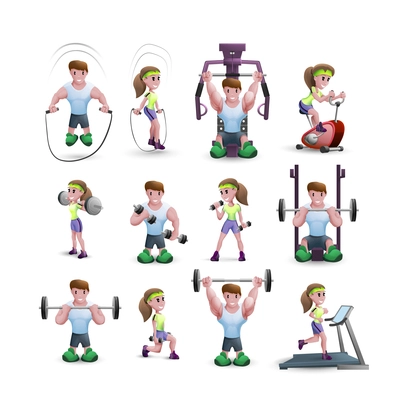 Cartoon icons set of men and women training with different fitness equipments isolated vector illustration