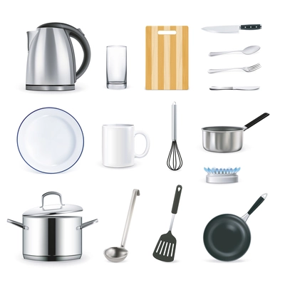 Kitchen utensils icons collection in realistic style on white background with kettle pan whisk glass ladle mug isolated vector illustration