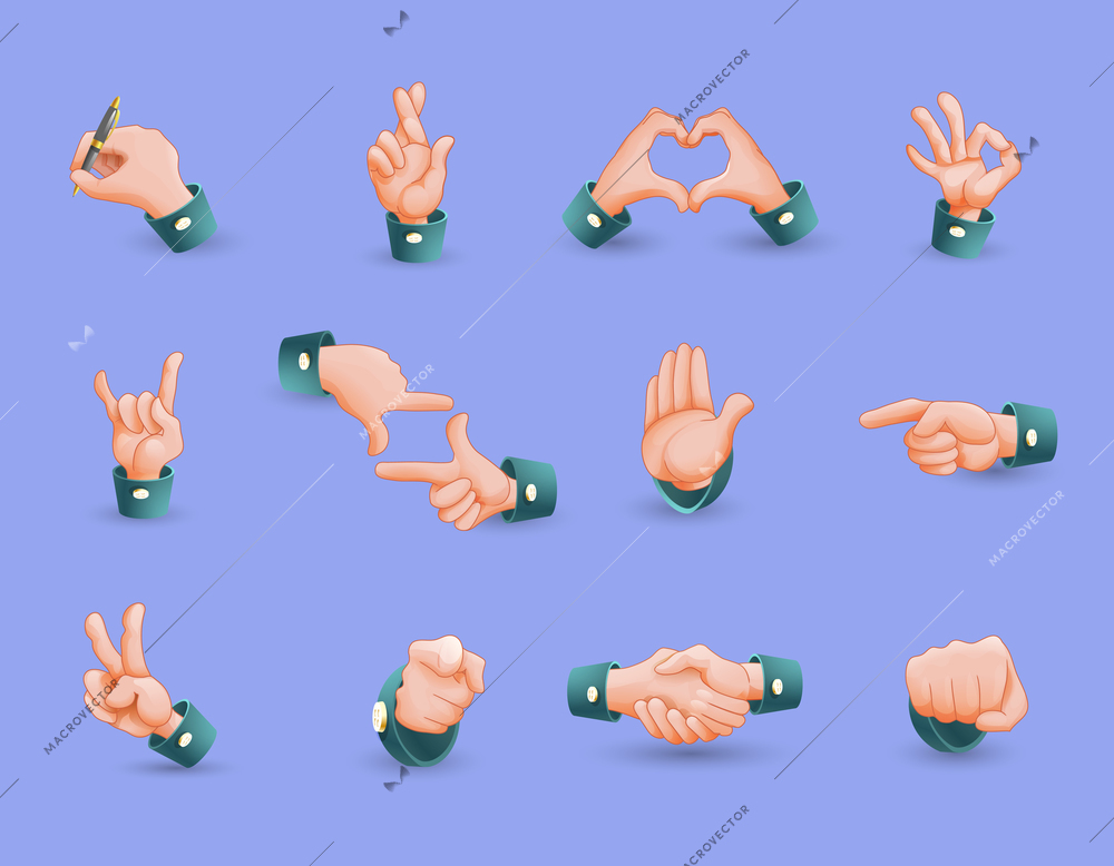 Various hand social gestures icons set useful in life internet social networks cartoon isolated vector illustration