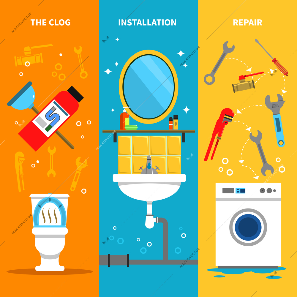 Plumbing works vertical banners set with clog installation and repairs symbols flat isolated vector illustration