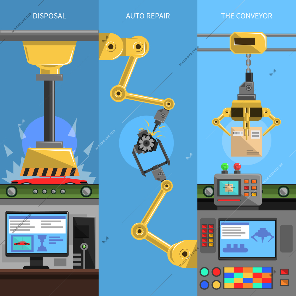 Conveyor vertical banners set with disposal and auto repair symbols flat isolated vector illustration