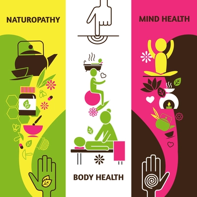 Alternative medicine vertical banners set with naturopathy body and mind health symbols flat isolated vector illustration