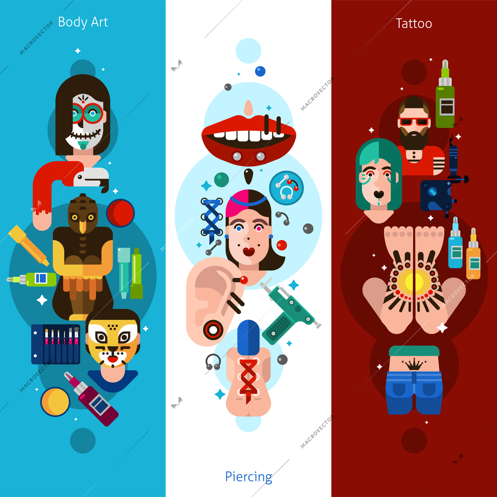 Vertical banners drawn in flat style contained bodyart piercing and tattoo icons vector illustration