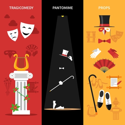 Theatre performance vertical banners set with tragicomedy pantomime and props symbols flat isolated vector illustration