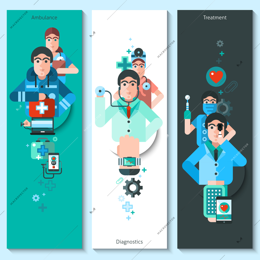 Set of vertical banners with doctor characters presenting ambulance diagnostics and treatment flat vector illustration