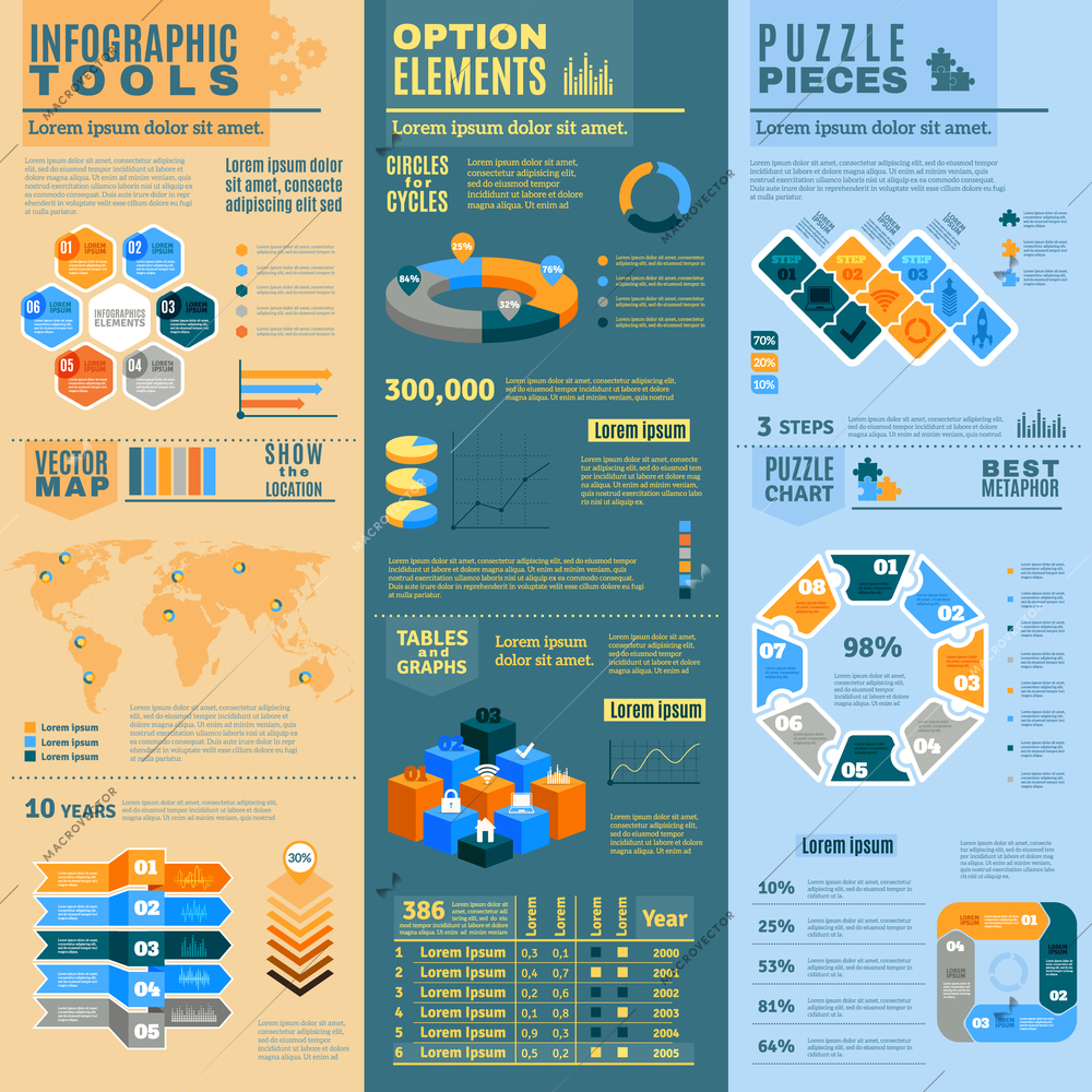 Infographic vertical banners set with infographic tools optional elements and puzzle pieces flat isolated vector illustration