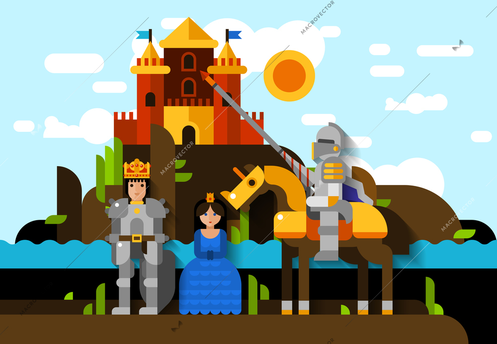 Flat poster of knight princess and king in armor with castle on background vector illustration