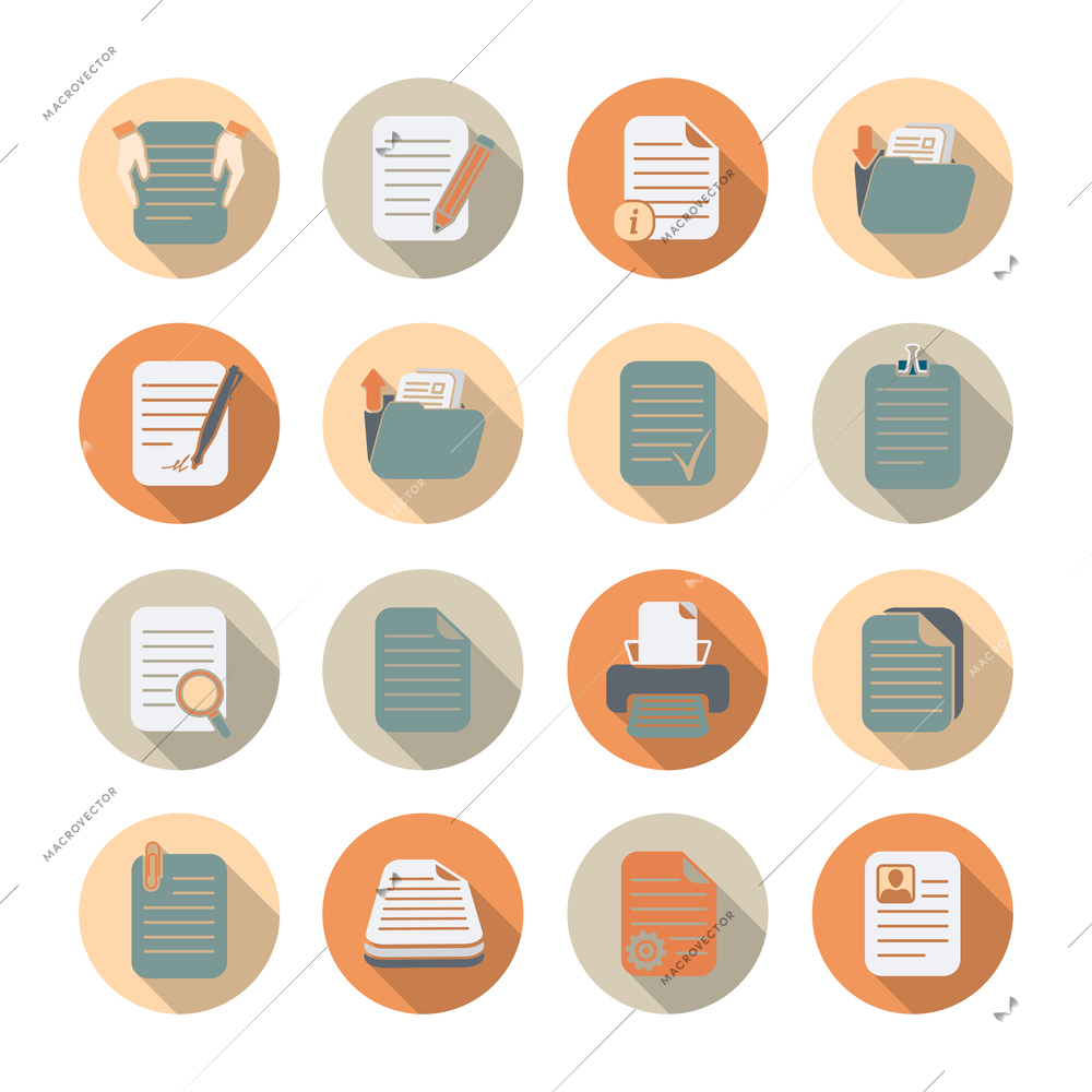 Documents folders and files processing and storage flat icons with shadow set isolated vector illustration