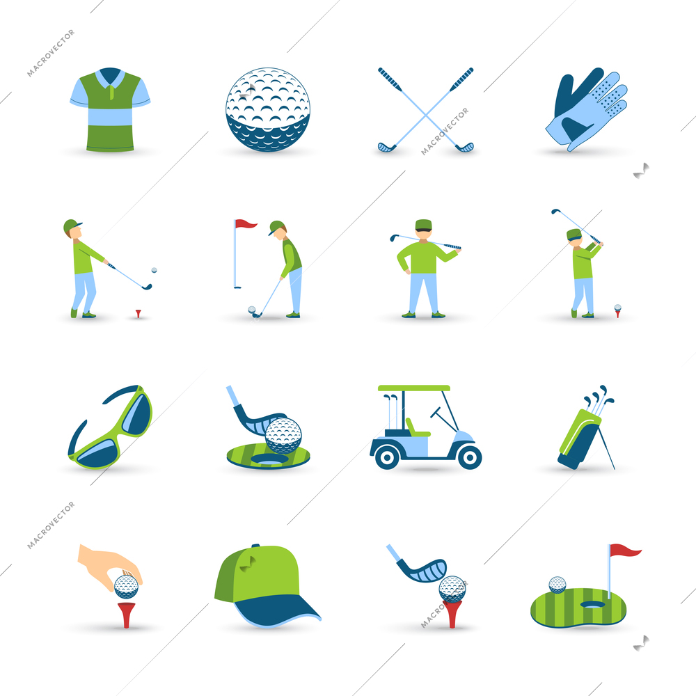 Golf icons set with ball grass and equipment symbols flat isolated vector illustration