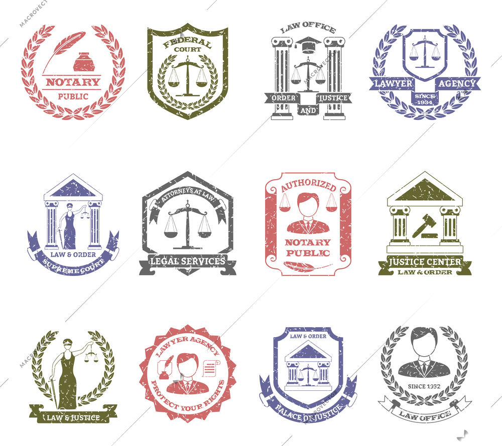 Law and order logo stamps set with lawyer agency and justice center symbols flat isolated vector illustration