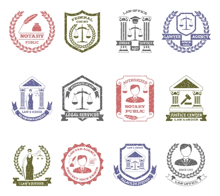 Law and order logo stamps set with lawyer agency and justice center symbols flat isolated vector illustration