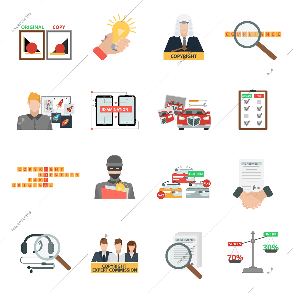 Criminal copyright law compliance and intellectual property piracy theft penalties flat icons collection abstract isolated vector illustration