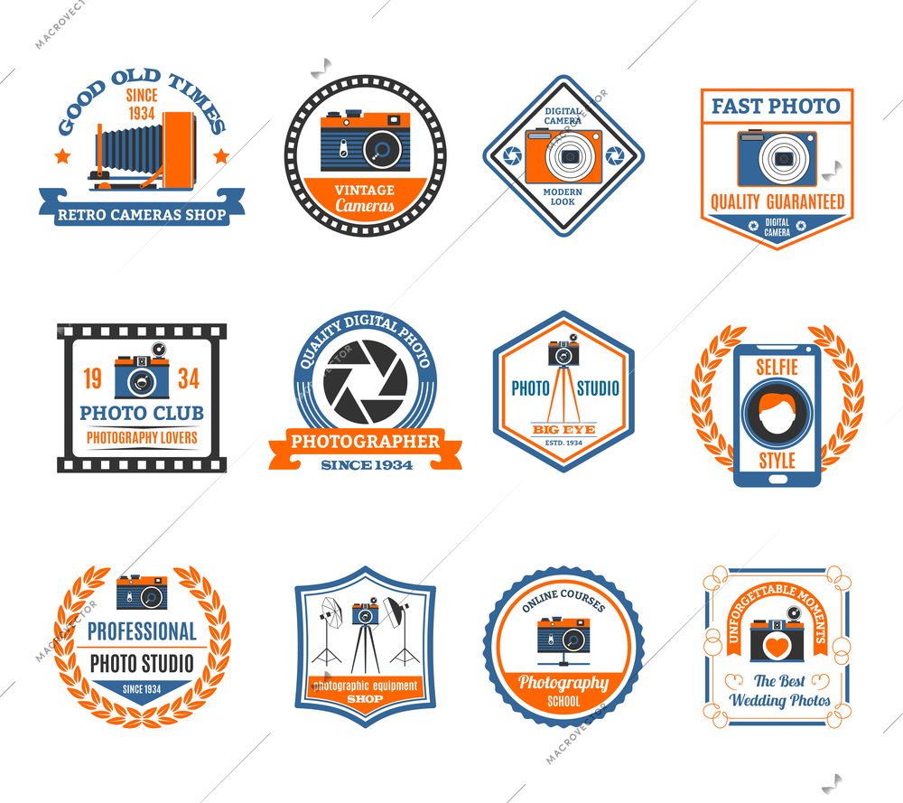 Photography emblems set with retro and modern cameras flat isolated vector illustration