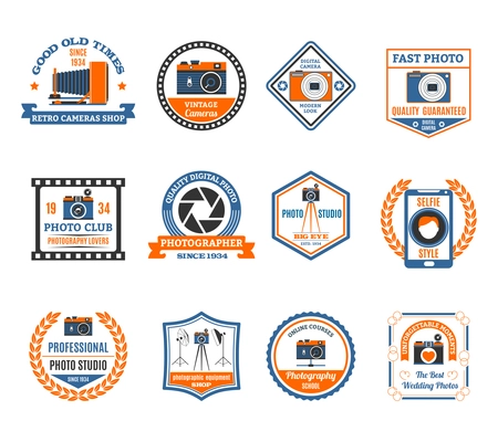 Photography emblems set with retro and modern cameras flat isolated vector illustration