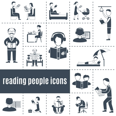 Reading people black white icons set with books and press flat isolated vector illustration