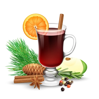 Red mulled wine for winter and Christmas with orange slice cinnamon sticks anise and pine branch vector illustration