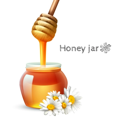 Honey stick daisy flower and jar realistic set vector illustration
