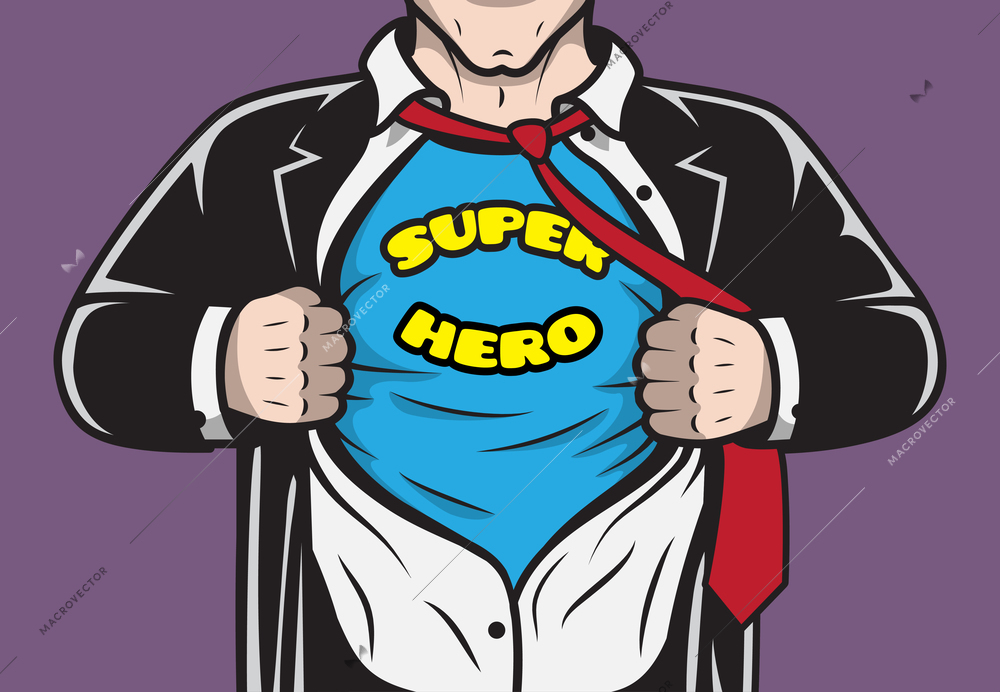 Disguised hidden comic book superhero businessman tearing his shirt concept vector illustration