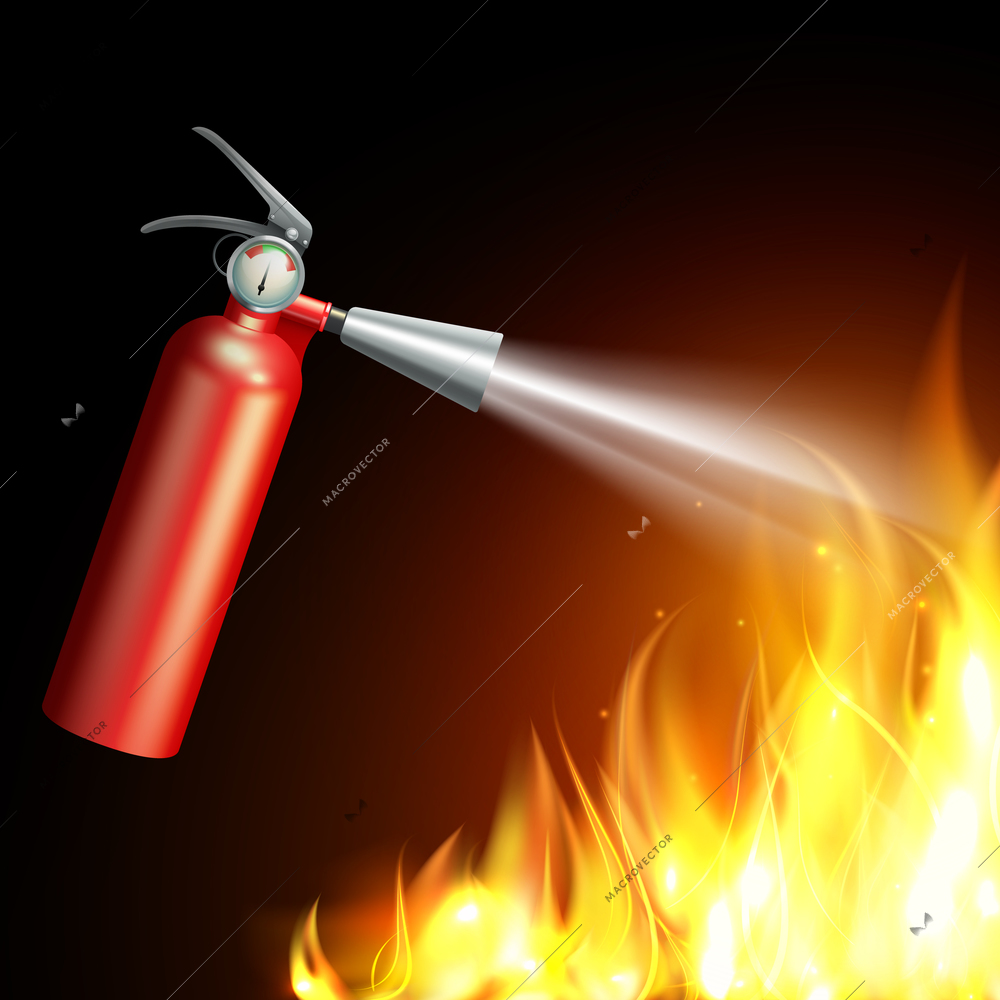 Realistic fire extinguisher with flame on dark background vector illustration