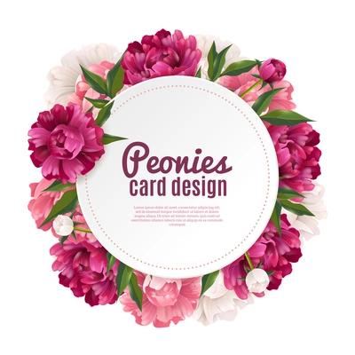 Peony round frame card design for greeting or invitation realistic vector illustration