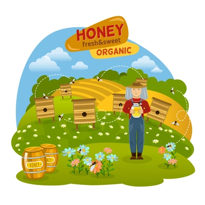 Sweet organic honey concept with hives bees and fields flat vector illustration