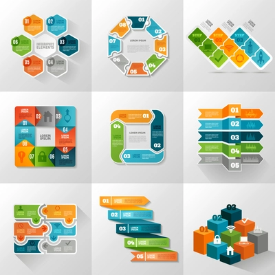 Infographic templates icons set with different diagrams and charts flat isolated vector illustration