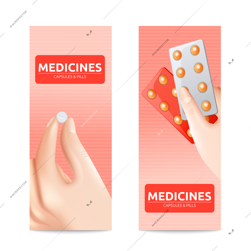 Medicines vertical banner set with hand holding pills isolated vector illustration