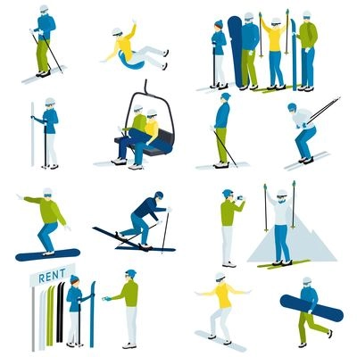 Ski resort  icons set with  people moving down from mountain on skis and snowboards isolated vector illustration