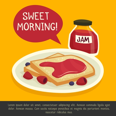 Breakfast design concept with plate of toasts jar of jam and  sweet morning remark vector illustration