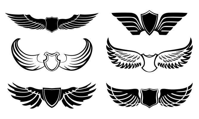 Abstract feather angel or bird wings pictograms set isolated vector illustration