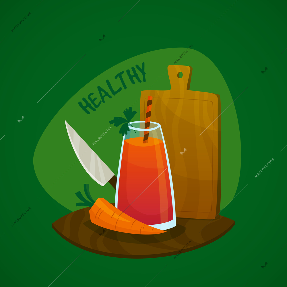 Design concept with glass of fresh juice  carrot  knife   and  kitchen board  vector illustration