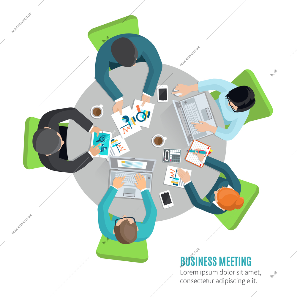 Business meeting concept with top view people sitting at the office table flat vector illustration