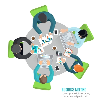 Business meeting concept with top view people sitting at the office table flat vector illustration