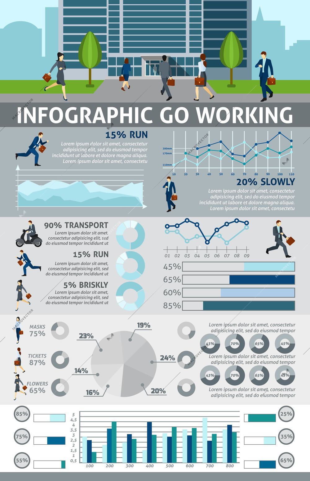 Go working  people  infographic with  statistics use of transport vector illustration