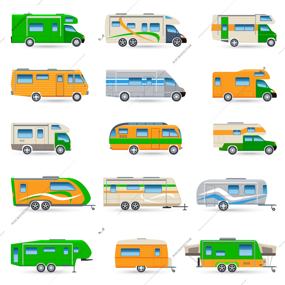 Recreational vehicles vans and caravans decorative icons set isolated vector illustration