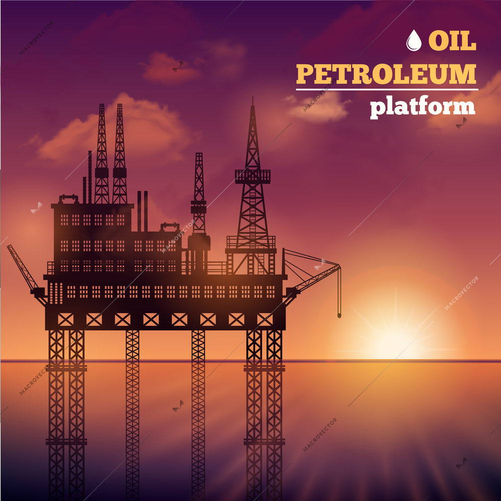 Oil petroleum sea platform building with sunset on background vector illustration