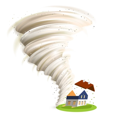 Tornado swirl damages village house roof vector illustration