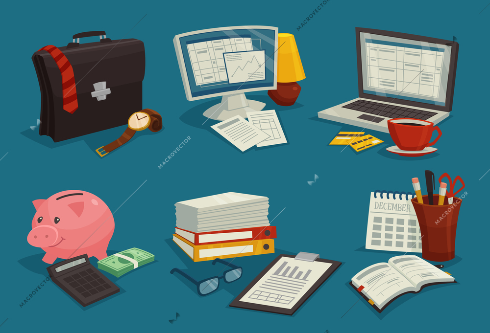 Business cartoon icons set with elements of workplace  isolated vector illustration